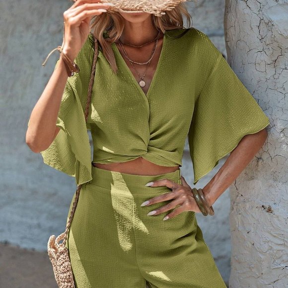 Olive Green Boho Womens Crop Top & Wide Leg Pants - Picture 3 of 5